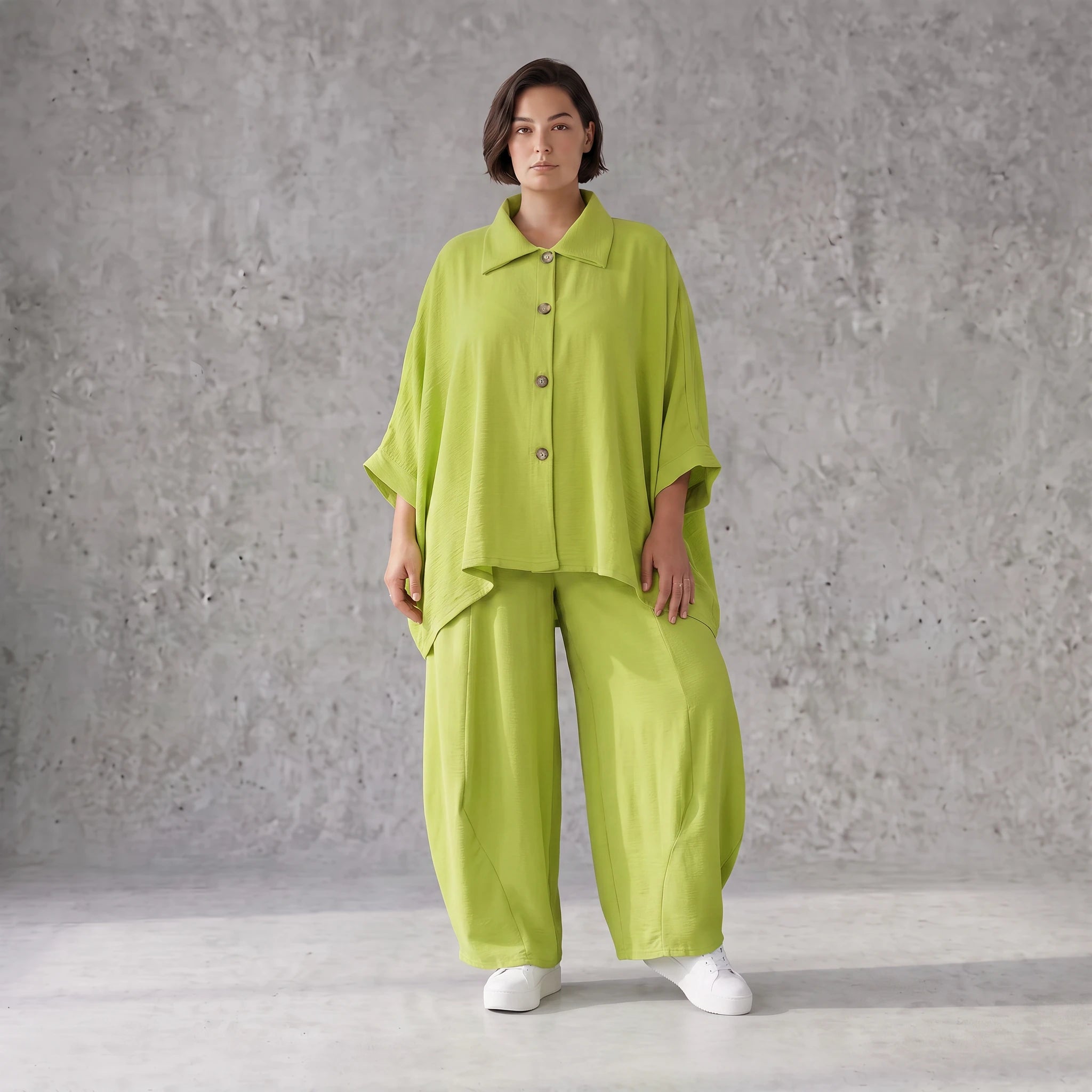 Apfelgrün Oversize Bluse im Lagenlook leger ausgefallen mit Leinen Baumwolle Gefühl cool