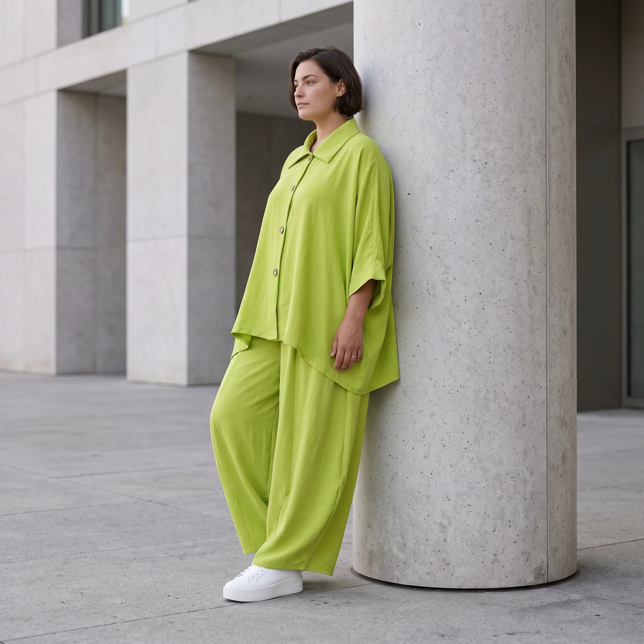 Apfelgrün Oversize Bluse im Lagenlook leger ausgefallen mit Leinen Baumwolle Gefühl cool