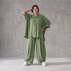 Khaki Lagenlook Bluse Leinenoptik Oversize relaxed luftig zeitlos modern chic Sommerstil
