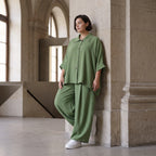 Khaki Lagenlook Bluse Leinenoptik Oversize relaxed luftig zeitlos modern chic Sommerstil