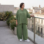 Khaki Lagenlook Bluse Leinenoptik Oversize relaxed luftig zeitlos modern chic Sommerstil