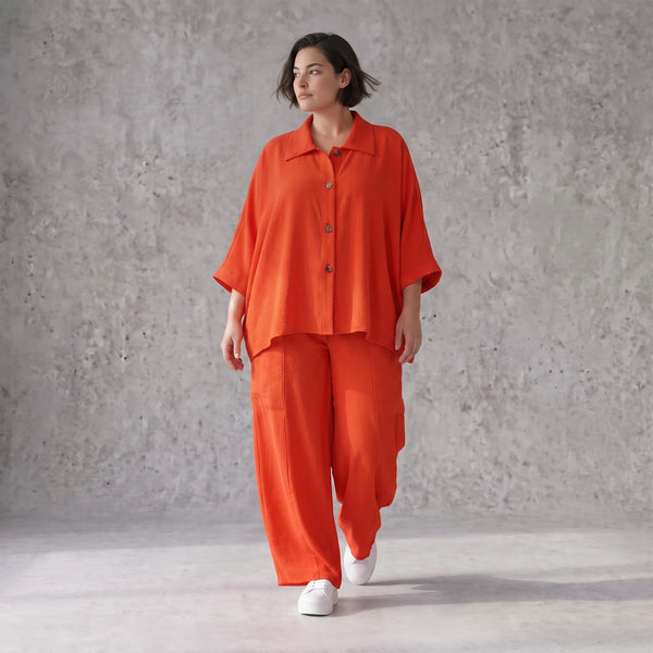 Leichte Hellrot fliessend Leinenoptik Bluse im Lagenlook Oversize leger modern sehr edel
