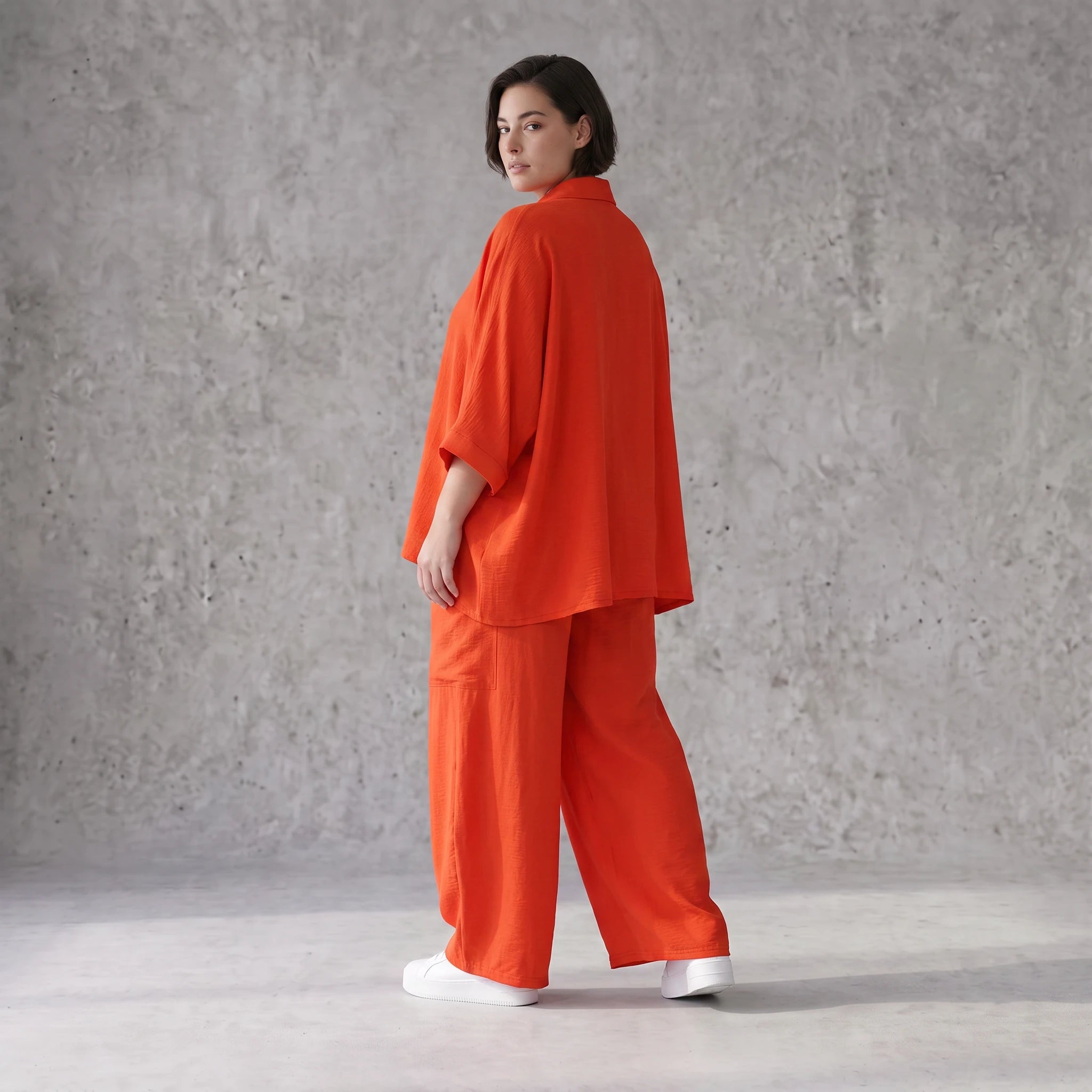 Leichte Hellrot fliessend Leinenoptik Bluse im Lagenlook Oversize leger modern sehr edel