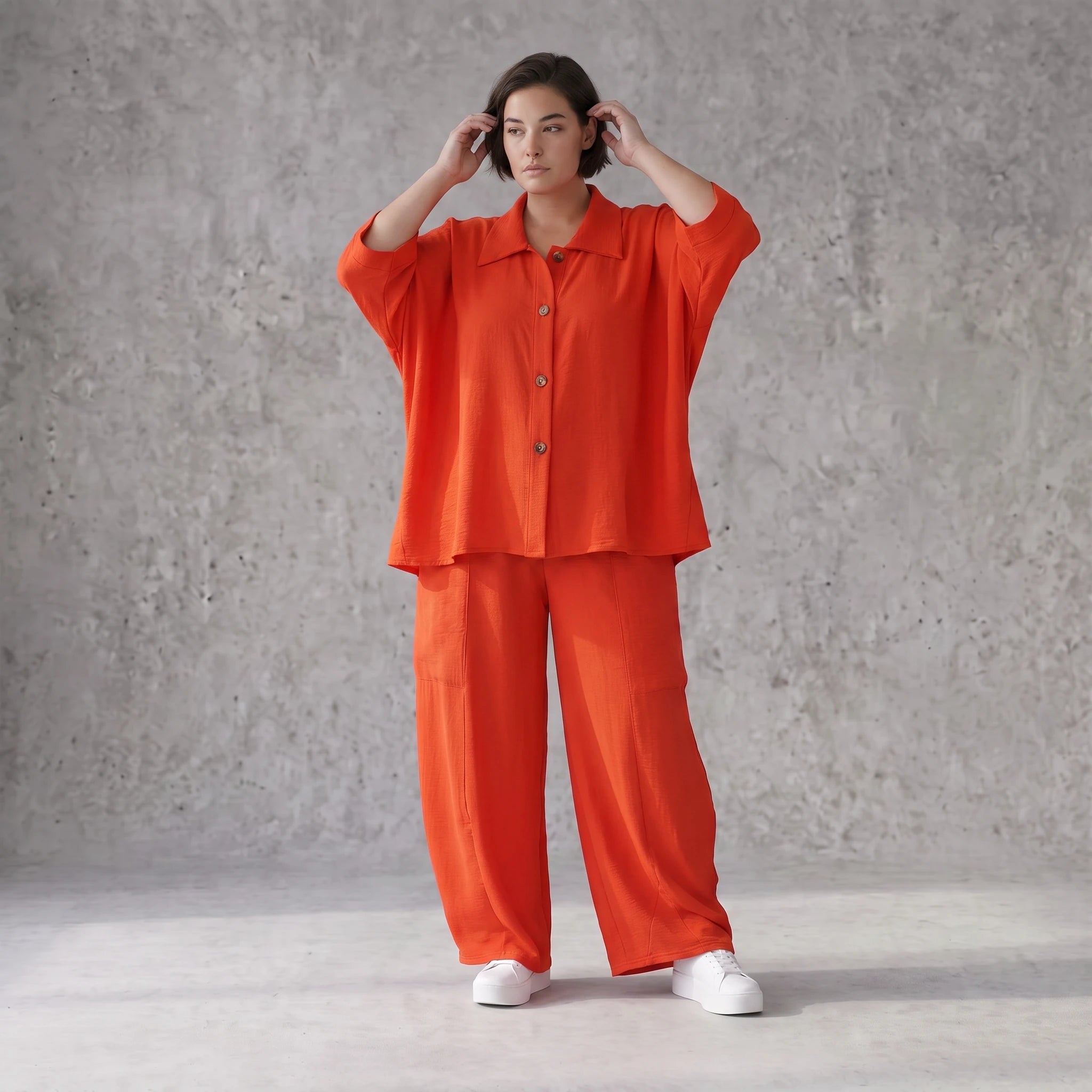 Leichte Hellrot fliessend Leinenoptik Bluse im Lagenlook Oversize leger modern sehr edel