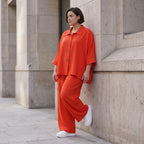 Leichte Hellrot fliessend Leinenoptik Bluse im Lagenlook Oversize leger modern sehr edel