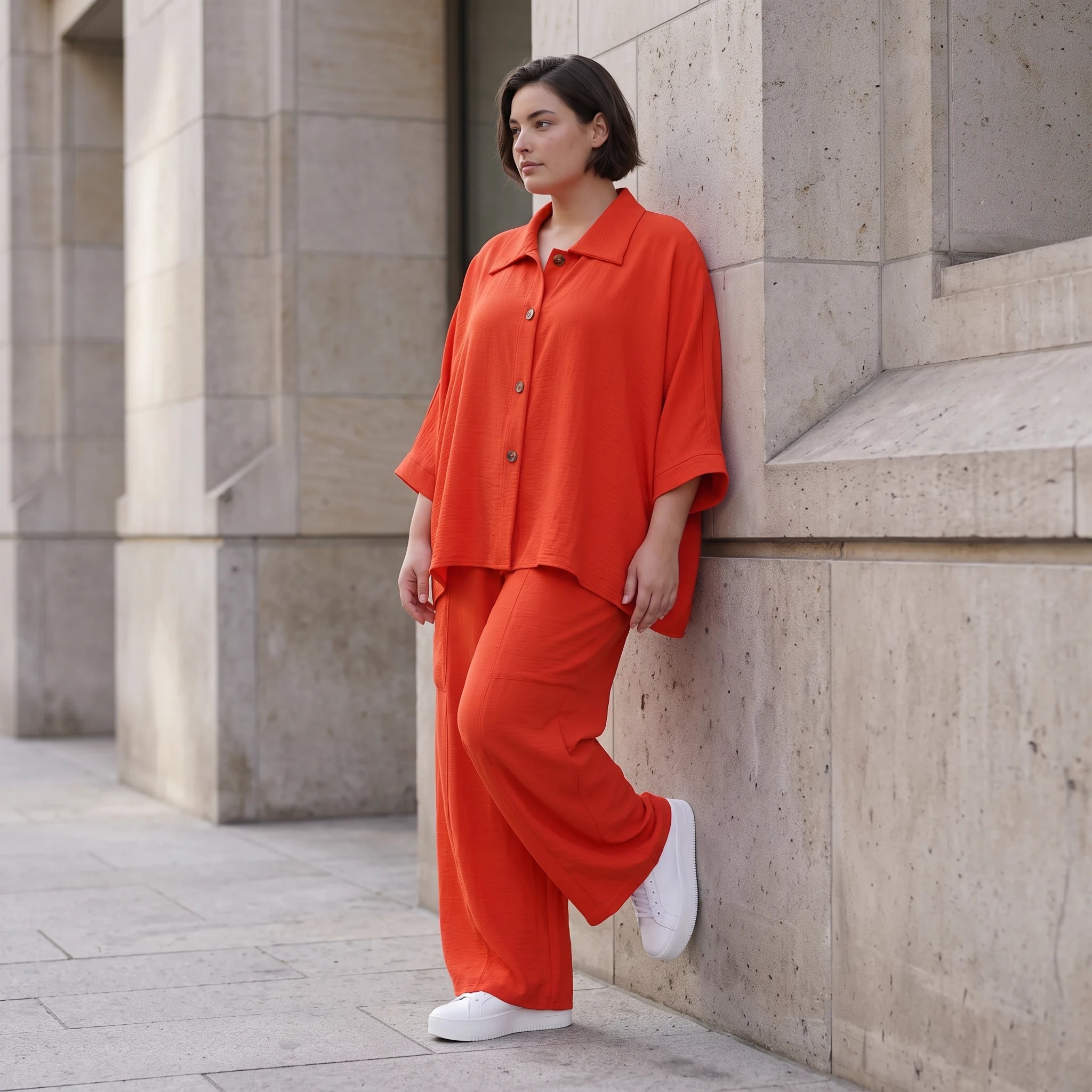 Leichte Hellrot fliessend Leinenoptik Bluse im Lagenlook Oversize leger modern sehr edel