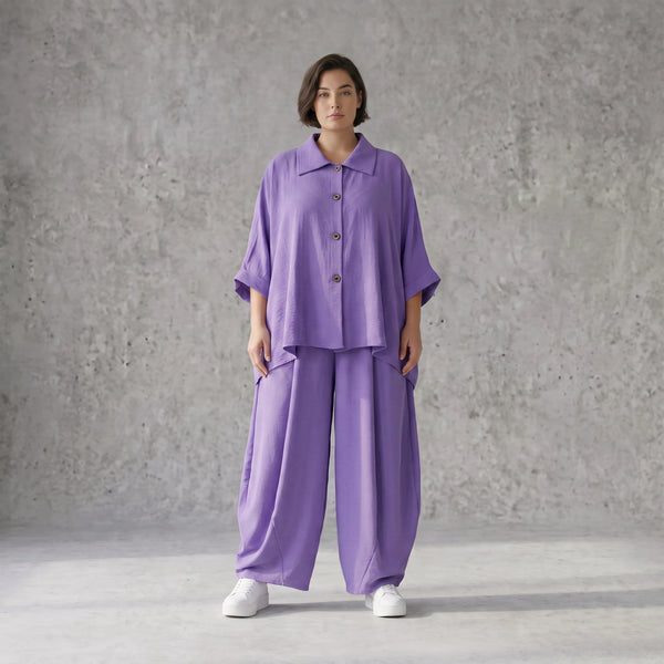 Flieder Oversize Leinenbluse Lagenlook locker zeitlos mit kuehl leichtem Fall soft Griff