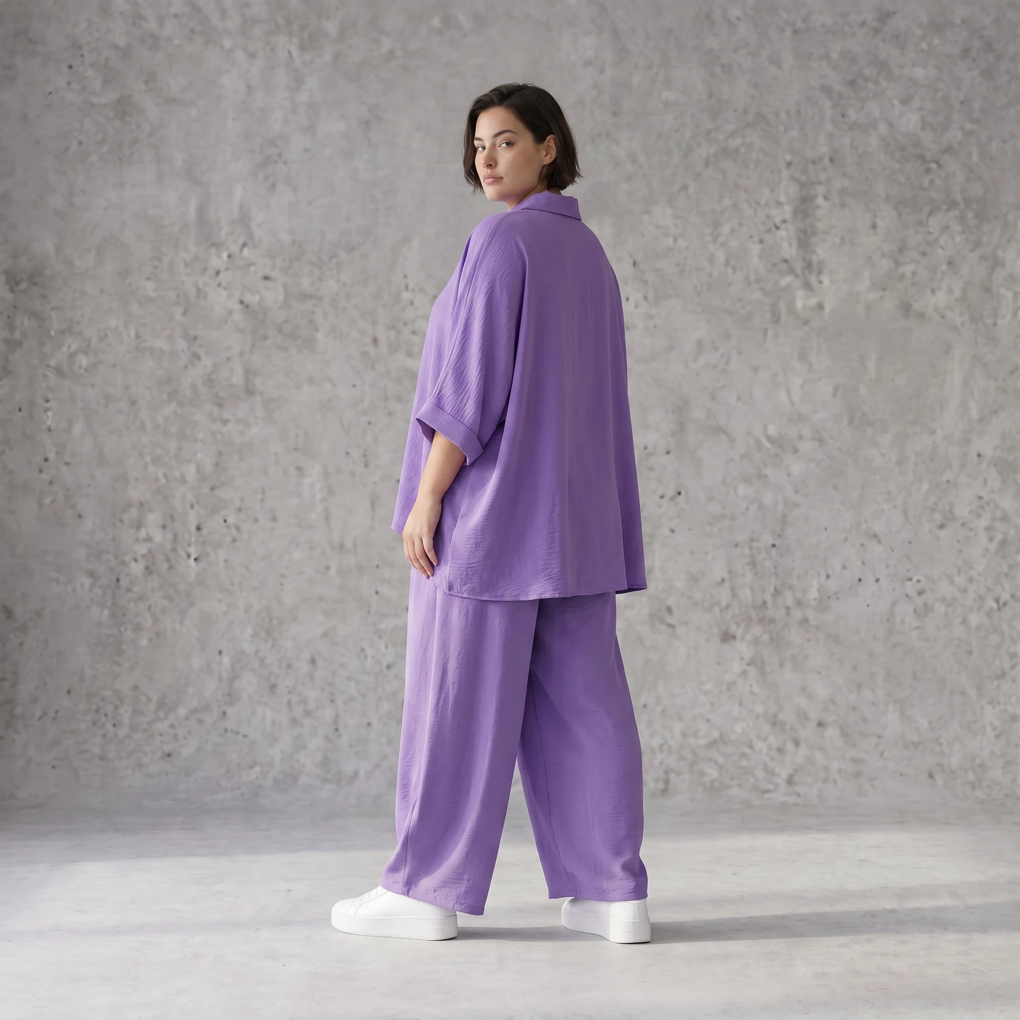 Flieder Oversize Leinenbluse Lagenlook locker zeitlos mit kuehl leichtem Fall soft Griff