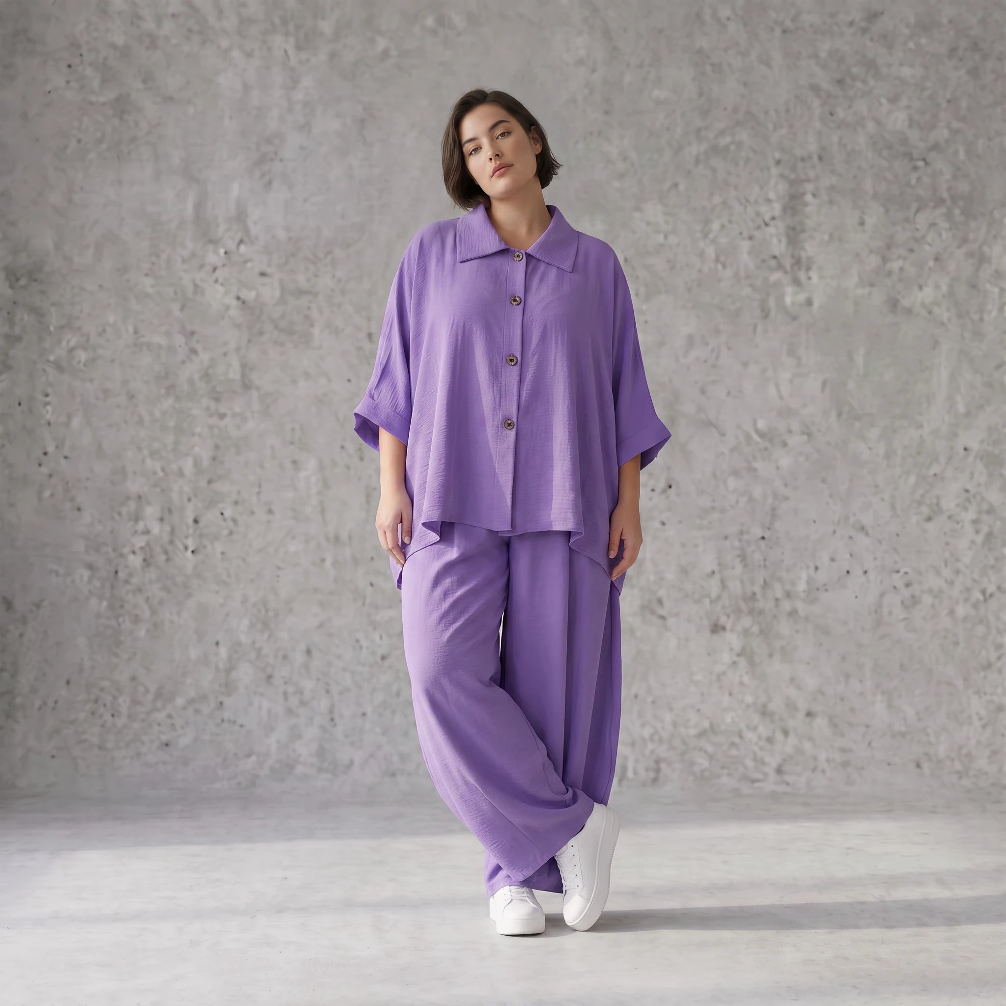 Flieder Oversize Leinenbluse Lagenlook locker zeitlos mit kuehl leichtem Fall soft Griff