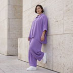 Flieder Oversize Leinenbluse Lagenlook locker zeitlos mit kuehl leichtem Fall soft Griff