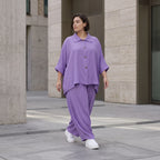 Flieder Oversize Leinenbluse Lagenlook locker zeitlos mit kuehl leichtem Fall soft Griff