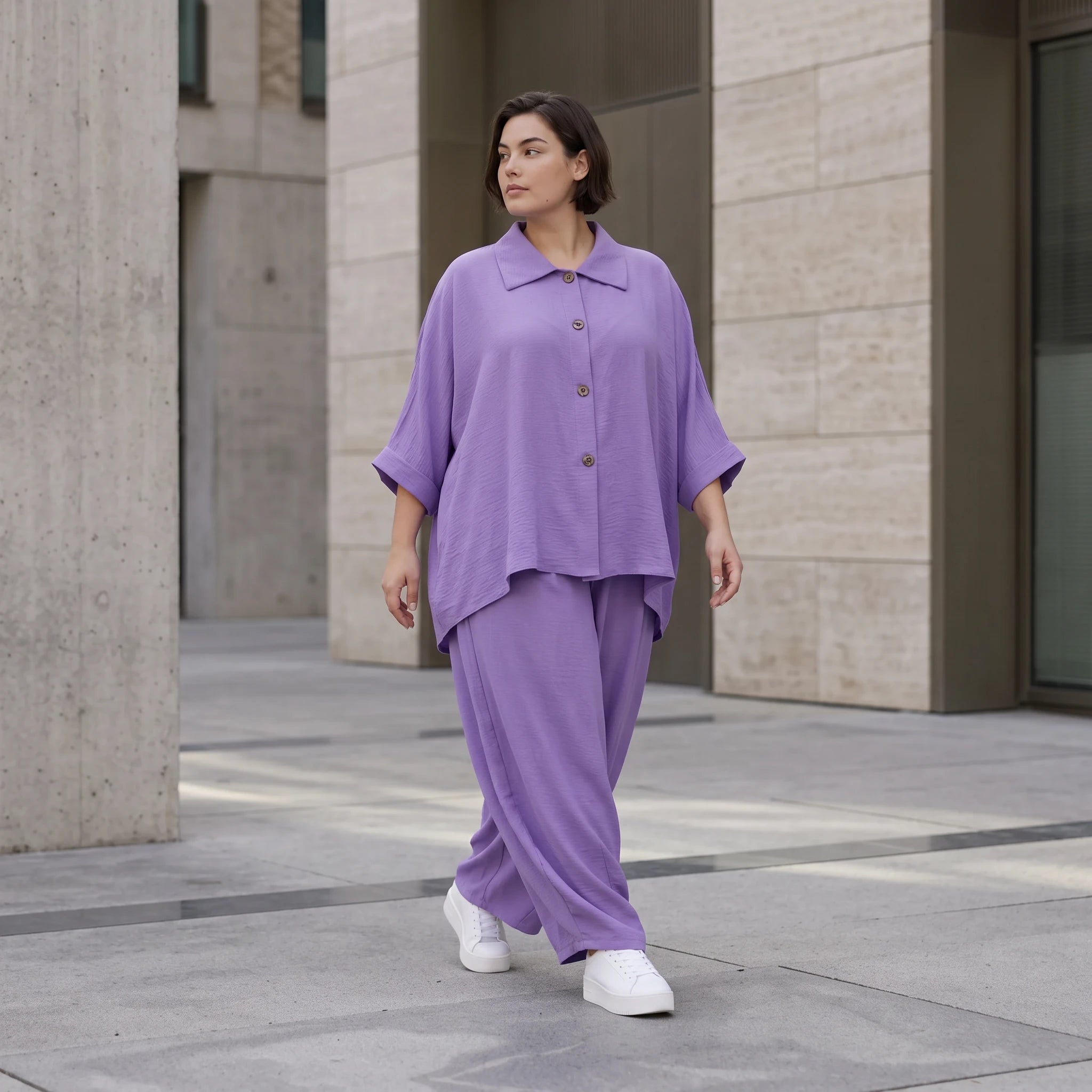 Flieder Oversize Leinenbluse Lagenlook locker zeitlos mit kuehl leichtem Fall soft Griff