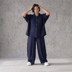 Zeitlose Marine Bluse in Leinenoptik leger Oversize Lagenlook sommerlich leicht und modern