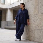 Zeitlose Marine Bluse in Leinenoptik leger Oversize Lagenlook sommerlich leicht und modern