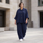 Zeitlose Marine Bluse in Leinenoptik leger Oversize Lagenlook sommerlich leicht und modern