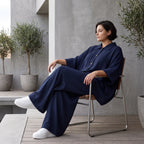 Zeitlose Marine Bluse in Leinenoptik leger Oversize Lagenlook sommerlich leicht und modern