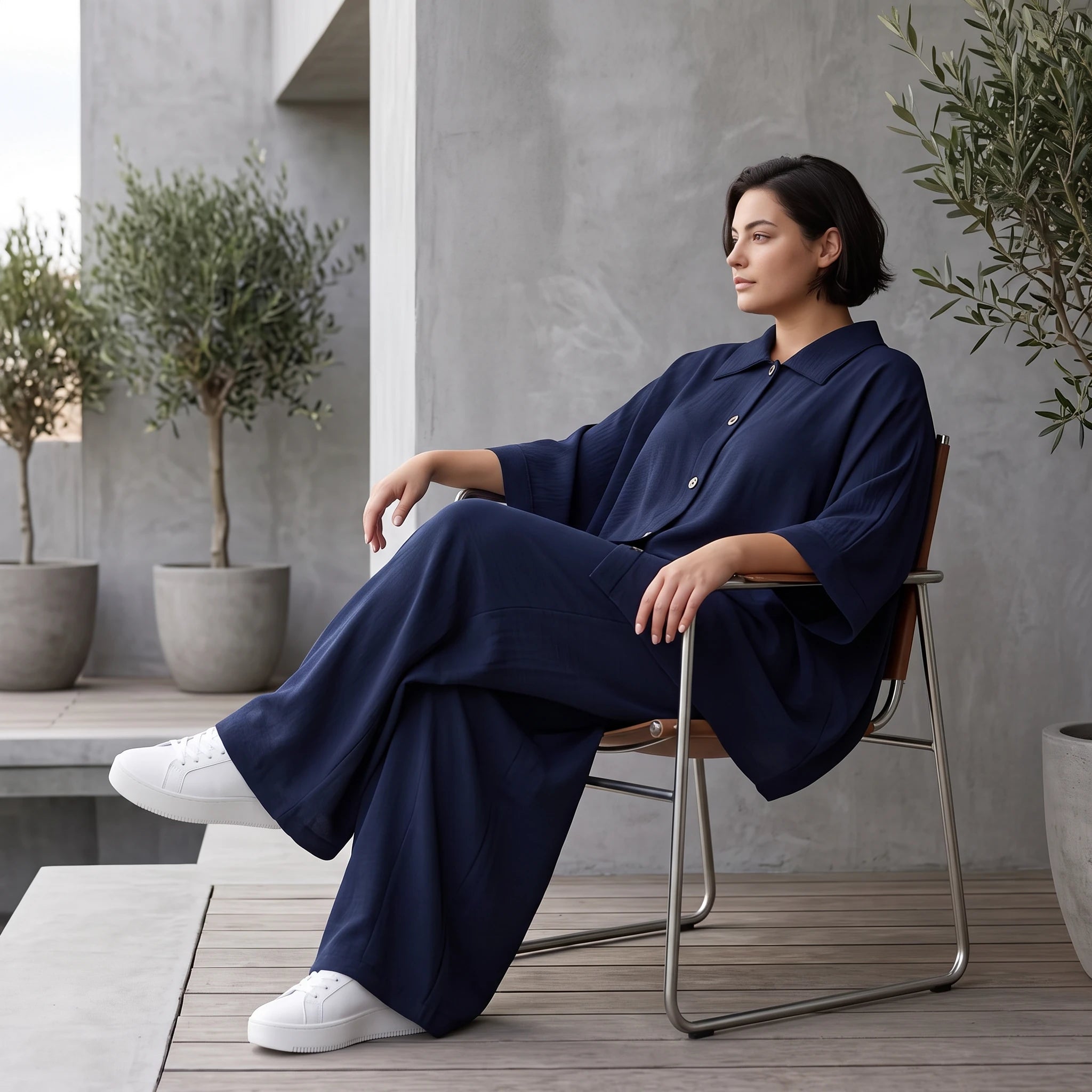 Zeitlose Marine Bluse in Leinenoptik leger Oversize Lagenlook sommerlich leicht und modern