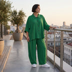 Legere Oversize Bluse in Smaragdgrün mit Leinenlook für zeitlosen Lagenlook und Eleganz