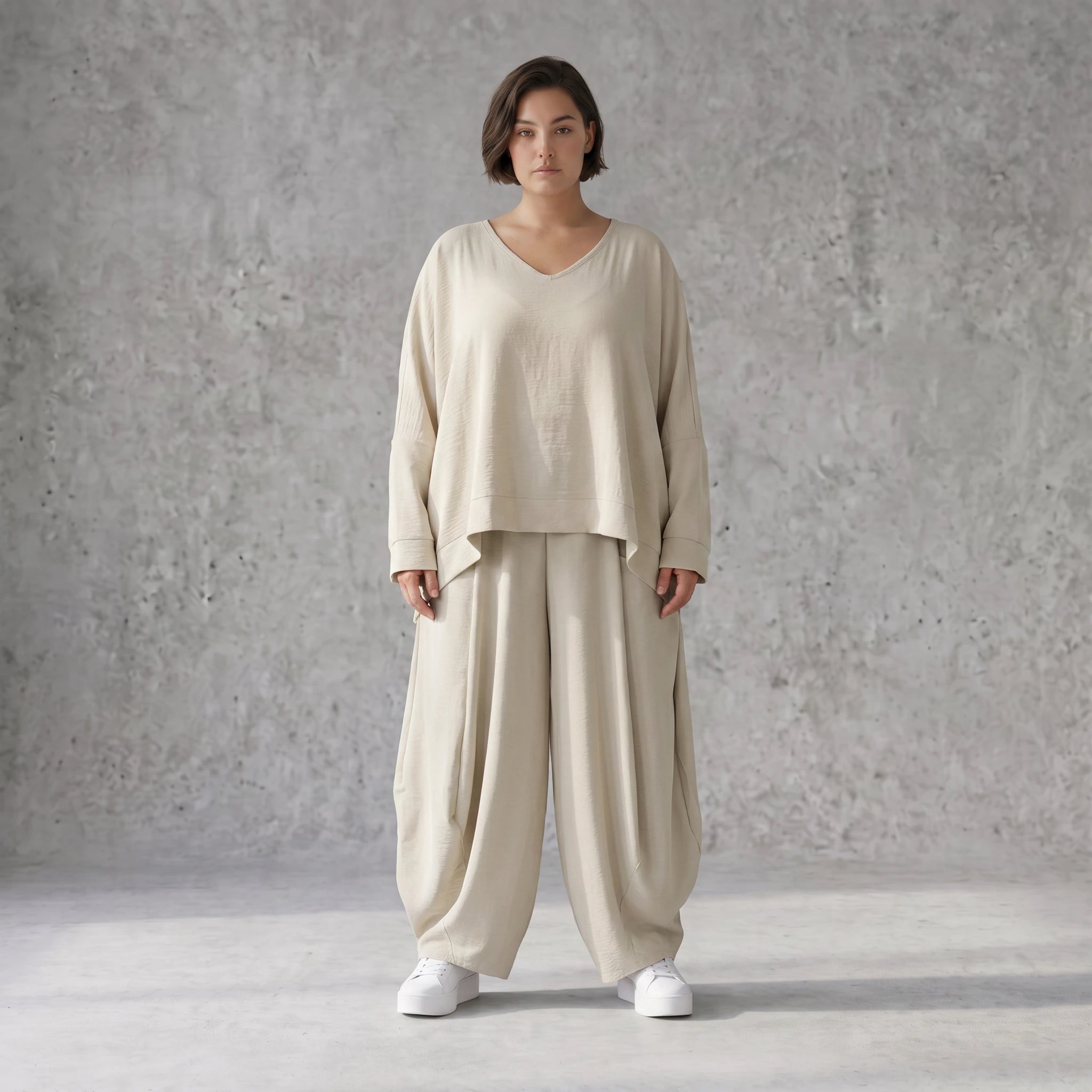 Moderner Beigelagenlook Oversize Ueberwurf aus Leinenmix locker leicht und fein elegant