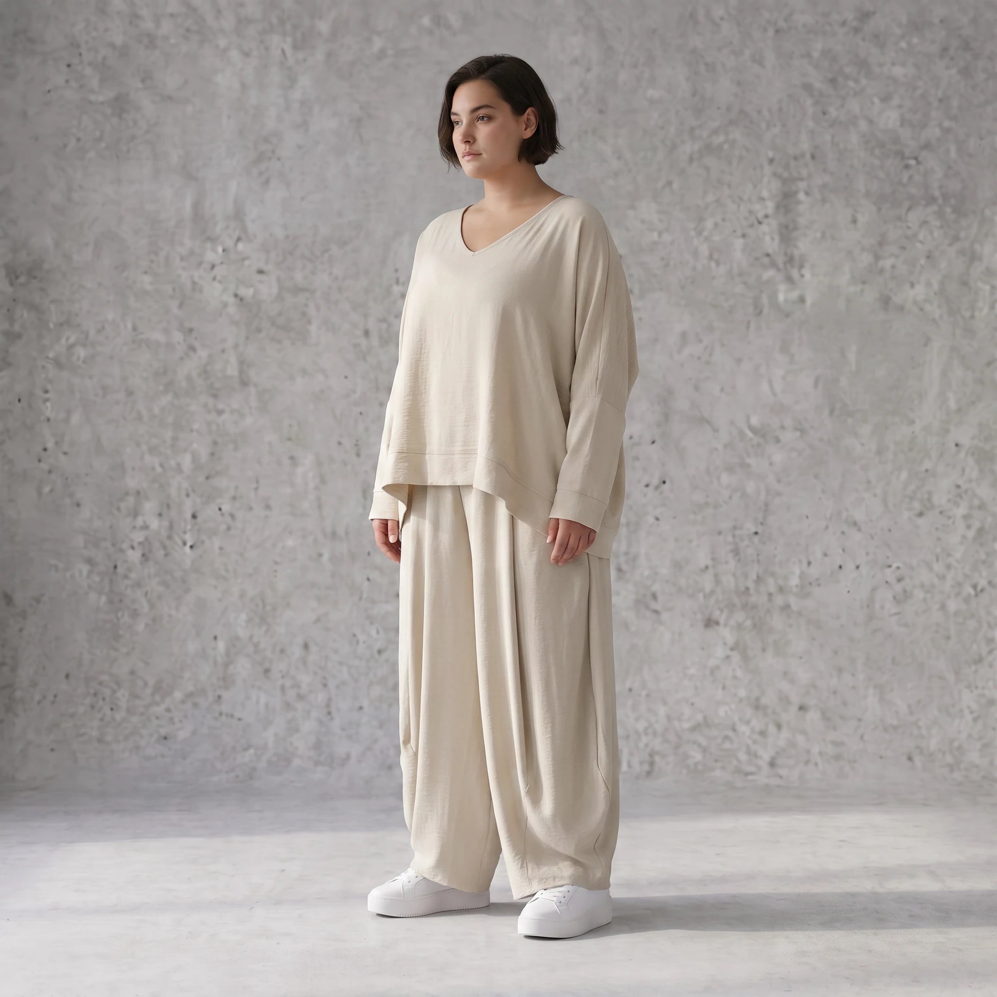Moderner Beigelagenlook Oversize Ueberwurf aus Leinenmix locker leicht und fein elegant