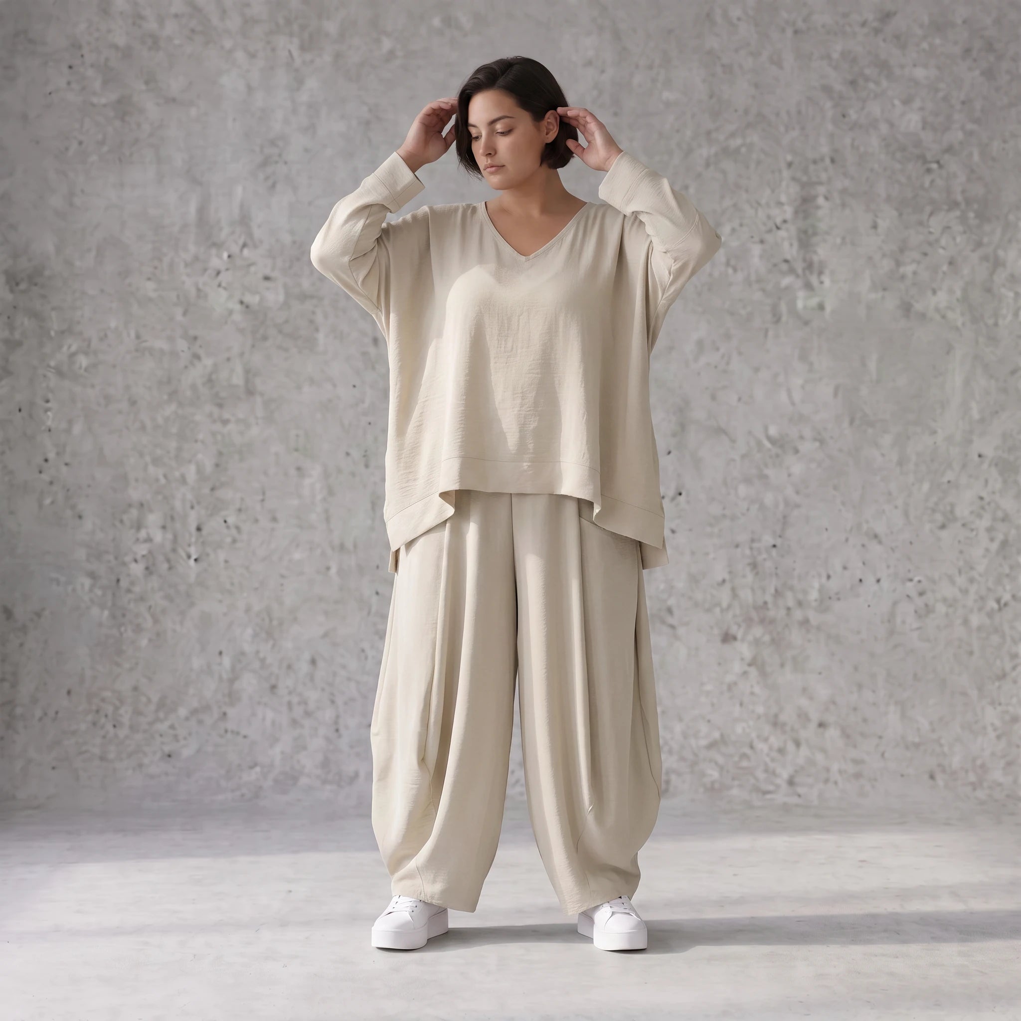 Moderner Beigelagenlook Oversize Ueberwurf aus Leinenmix locker leicht und fein elegant