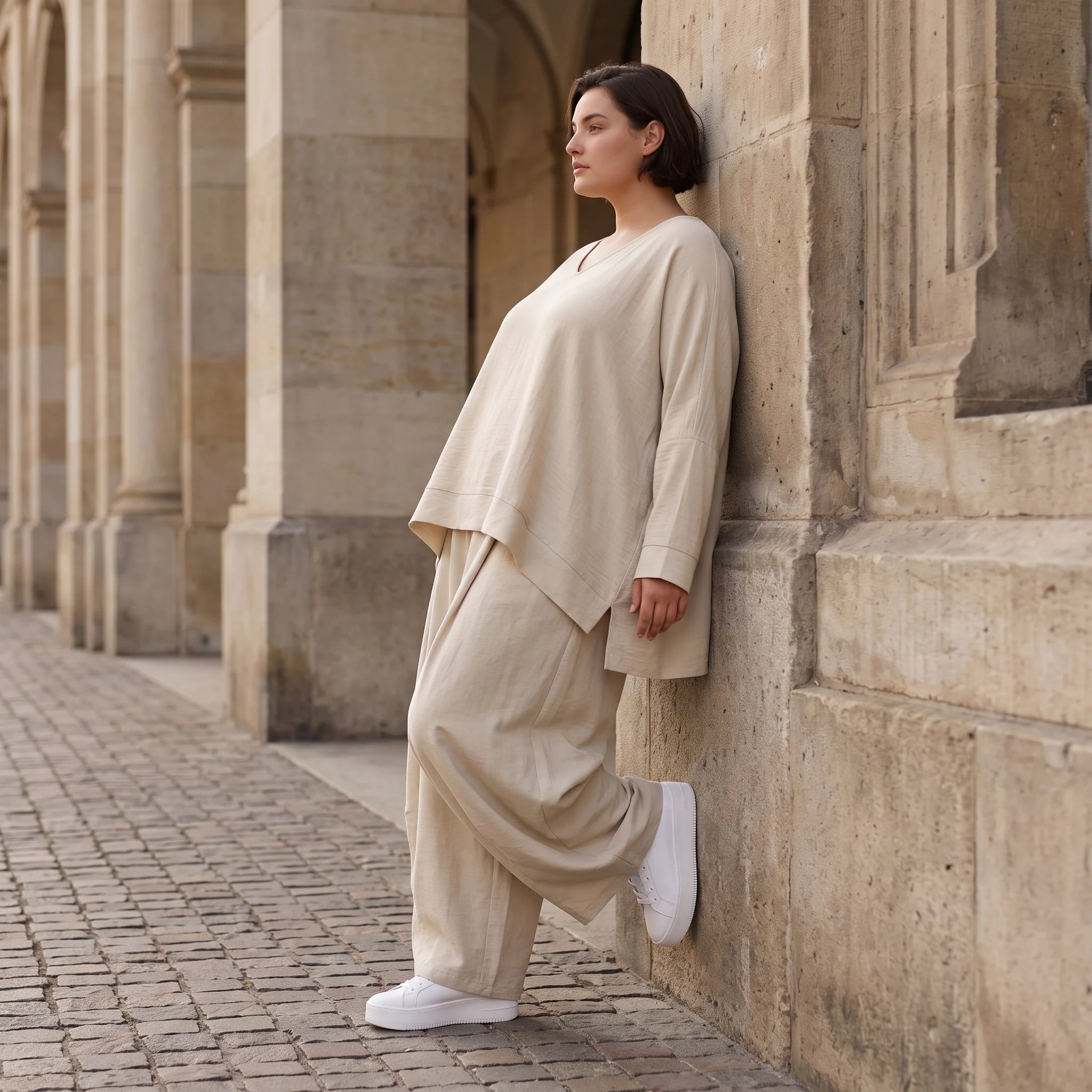 Moderner Beigelagenlook Oversize Ueberwurf aus Leinenmix locker leicht und fein elegant