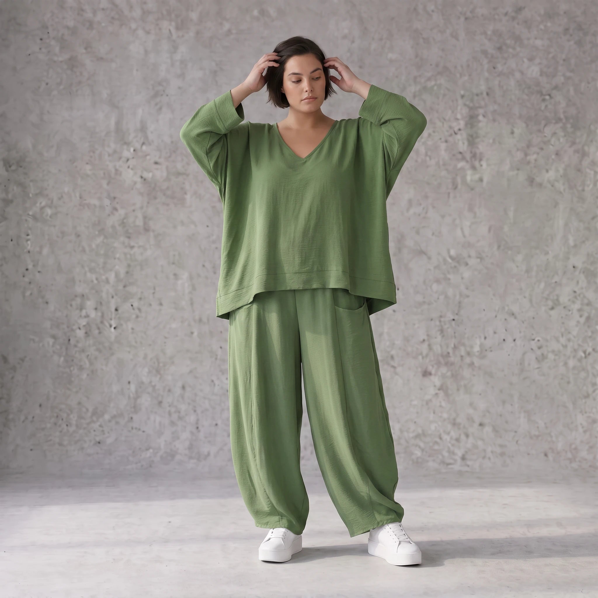 Khaki Lagenlook Überwurf Leinenoptik locker Oversize leger zeitlos ausgefallen chic Mode