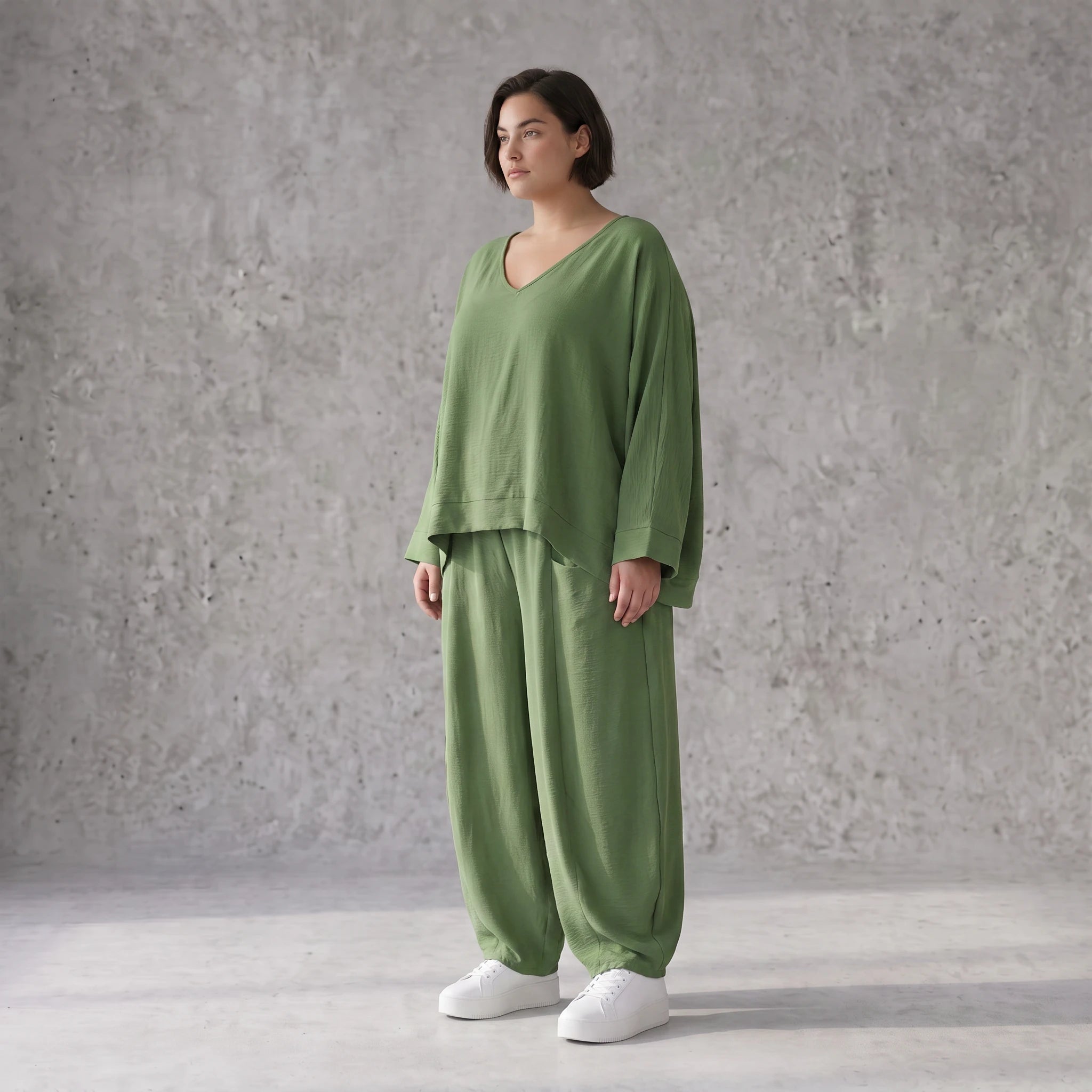 Khaki Lagenlook Überwurf Leinenoptik locker Oversize leger zeitlos ausgefallen chic Mode