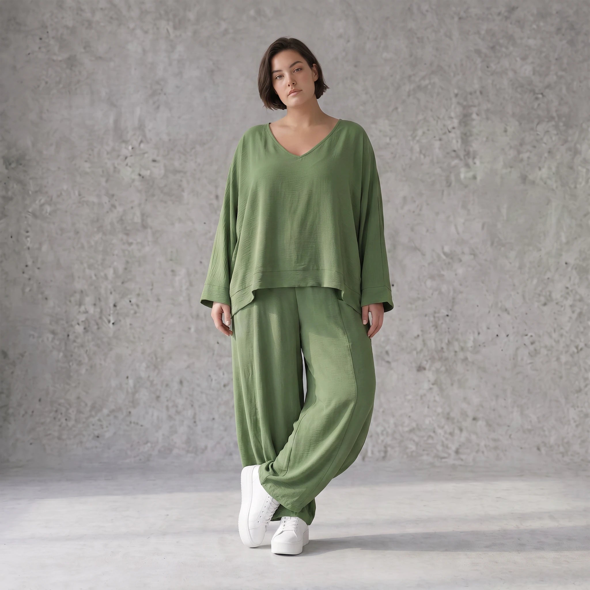 Khaki Lagenlook Überwurf Leinenoptik locker Oversize leger zeitlos ausgefallen chic Mode