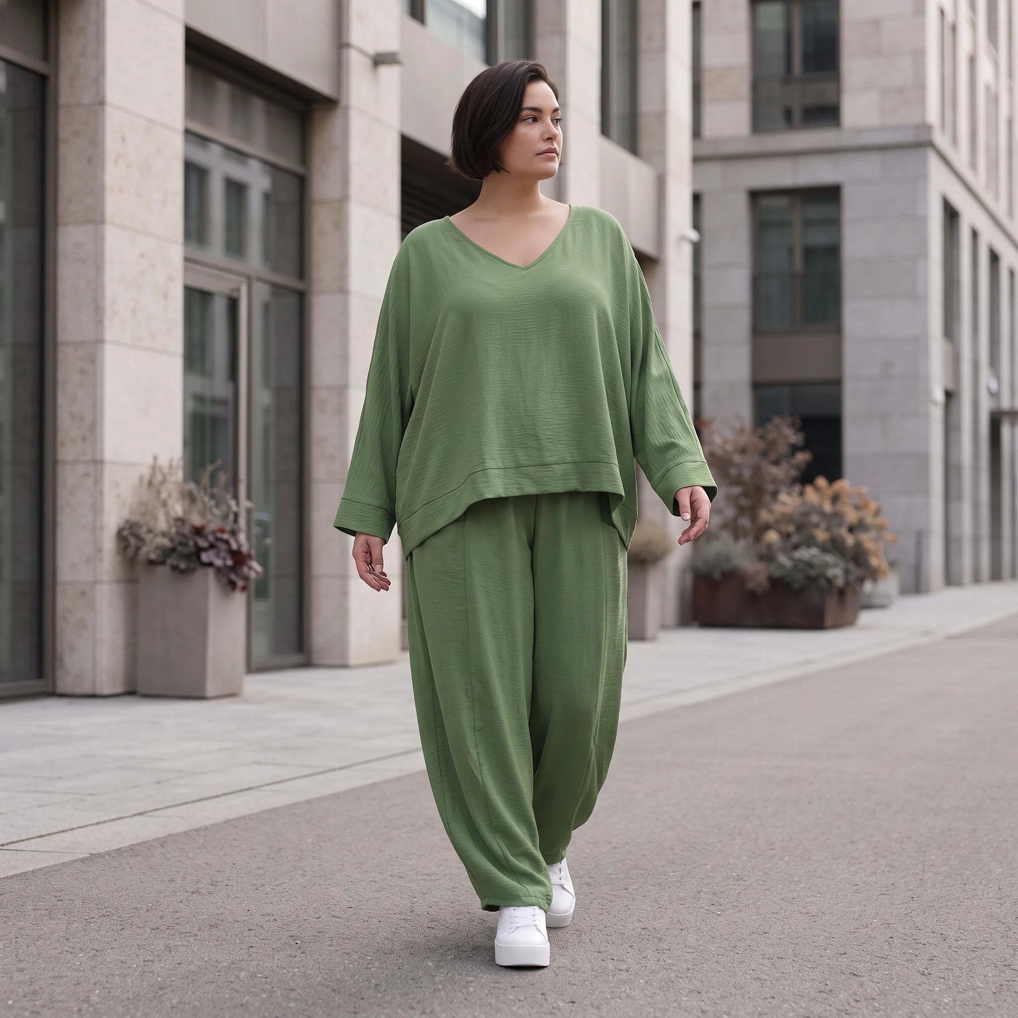 Khaki Lagenlook Überwurf Leinenoptik locker Oversize leger zeitlos ausgefallen chic Mode