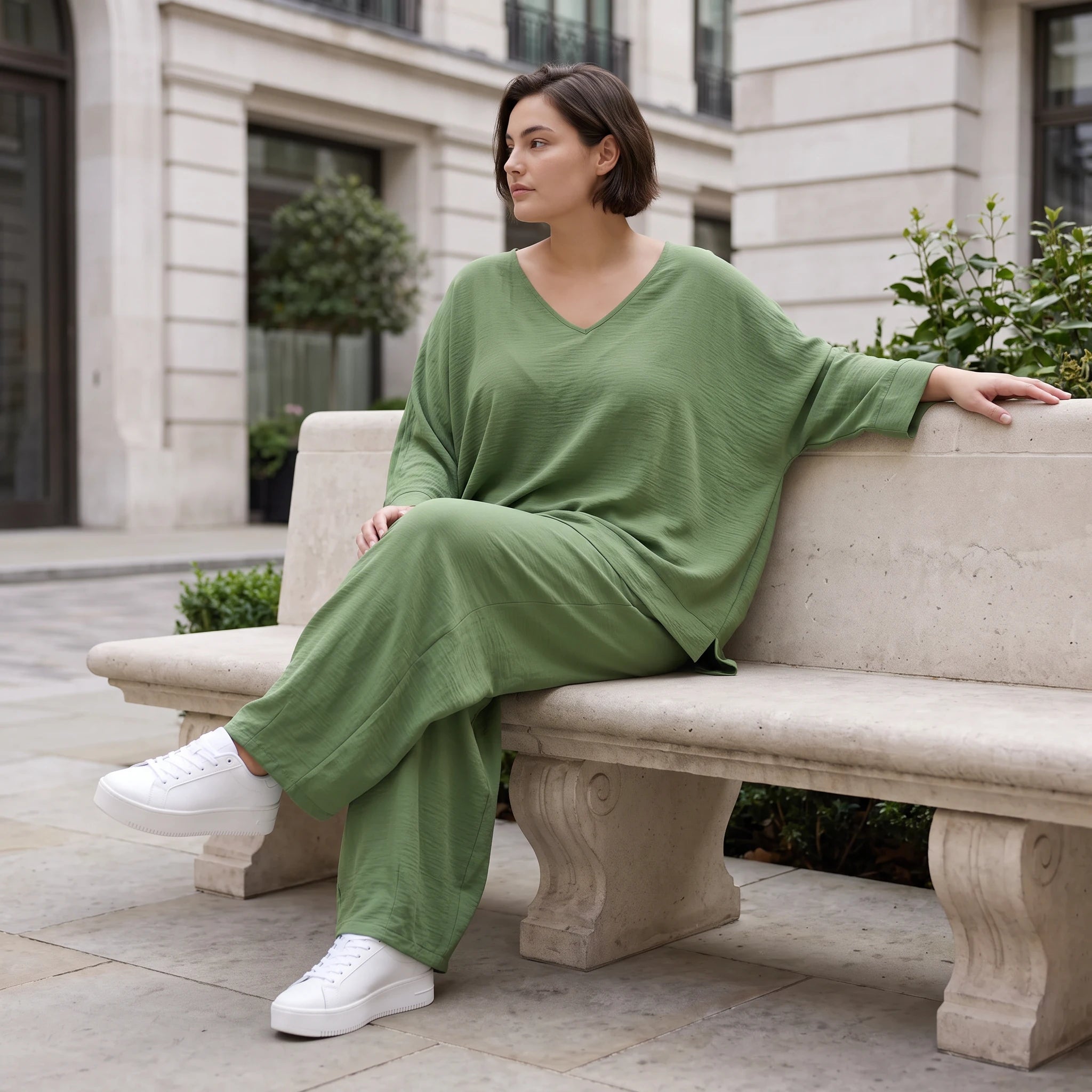 Khaki Lagenlook Überwurf Leinenoptik locker Oversize leger zeitlos ausgefallen chic Mode