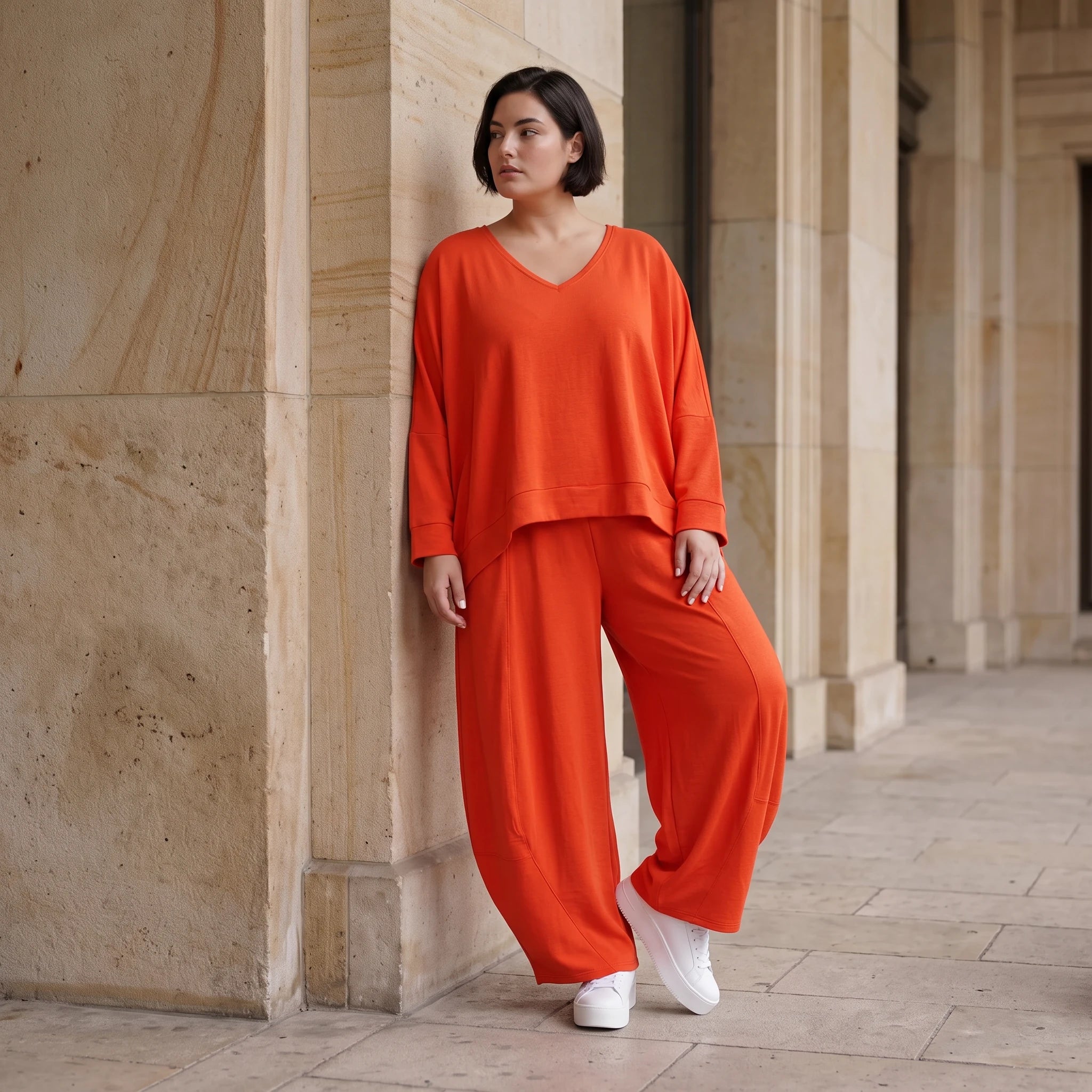 Zeitlos legerer Oversize Lagenlook Überwurf in Hellrot mit luftiger Leinenoptik Schnitt