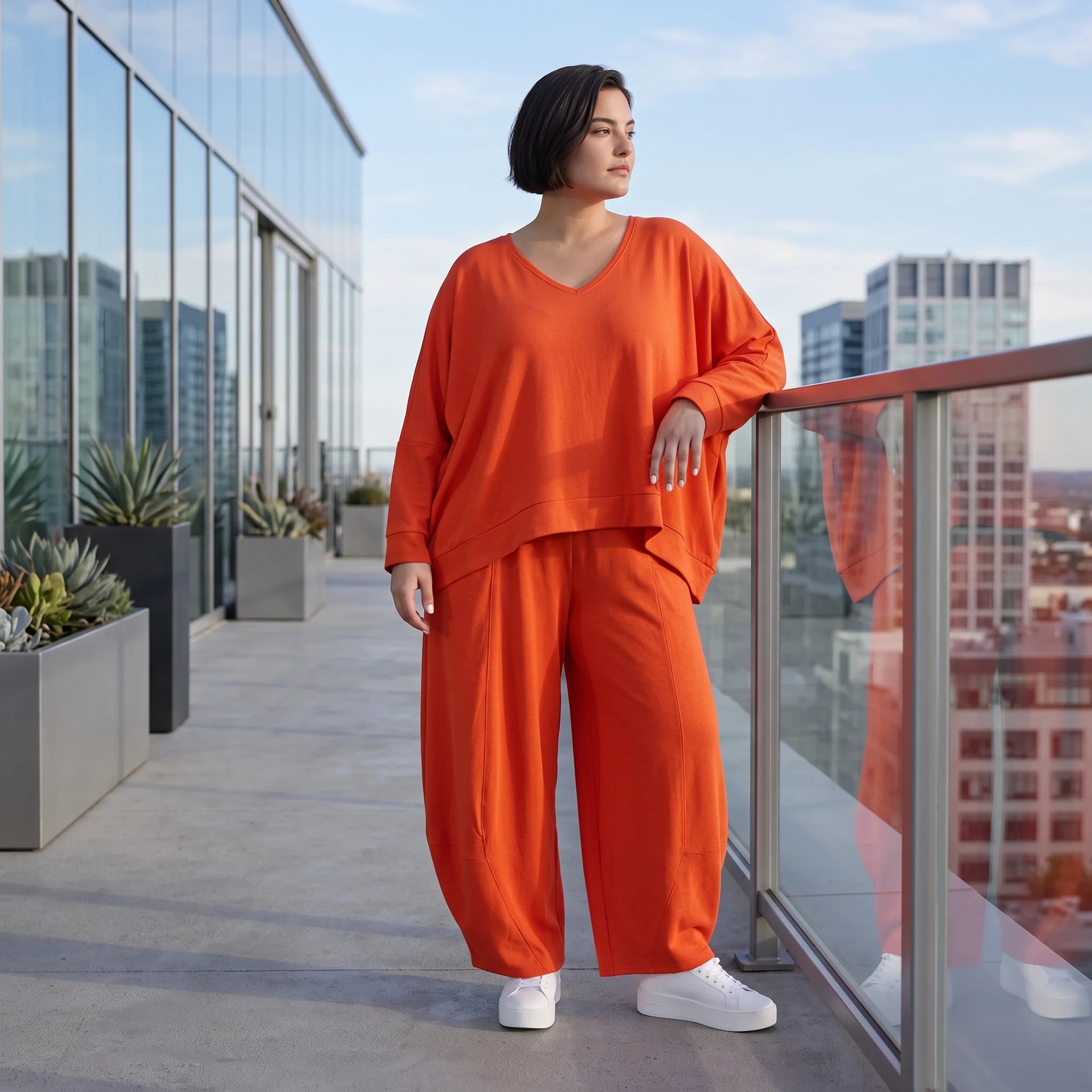 Zeitlos legerer Oversize Lagenlook Überwurf in Hellrot mit luftiger Leinenoptik Schnitt