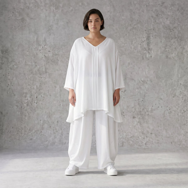 Zeitloses Weißes Leinenlook Shirt in A-Linie leger Oversize Lagenlook federleicht luftig