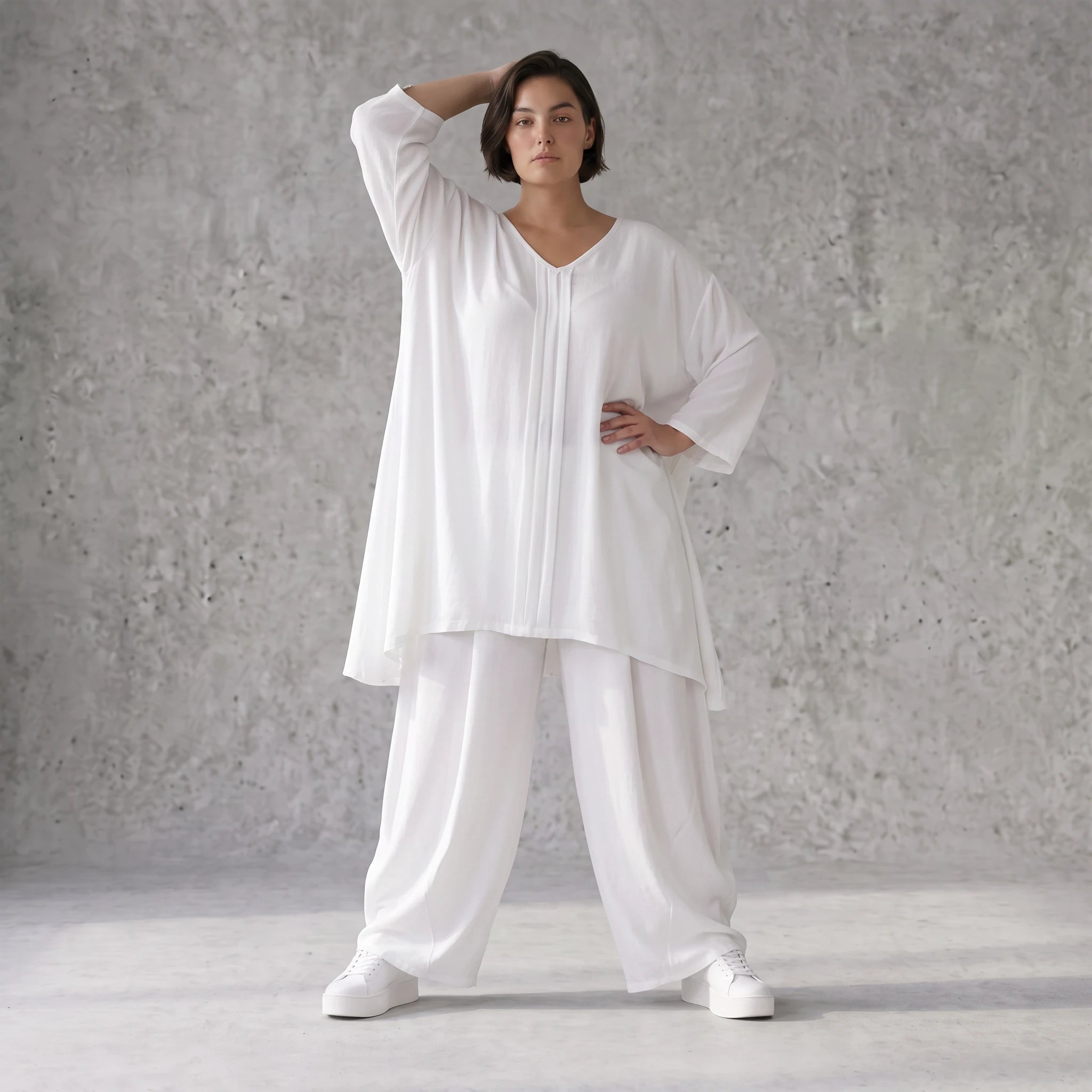 Zeitloses Weißes Leinenlook Shirt in A-Linie leger Oversize Lagenlook federleicht luftig