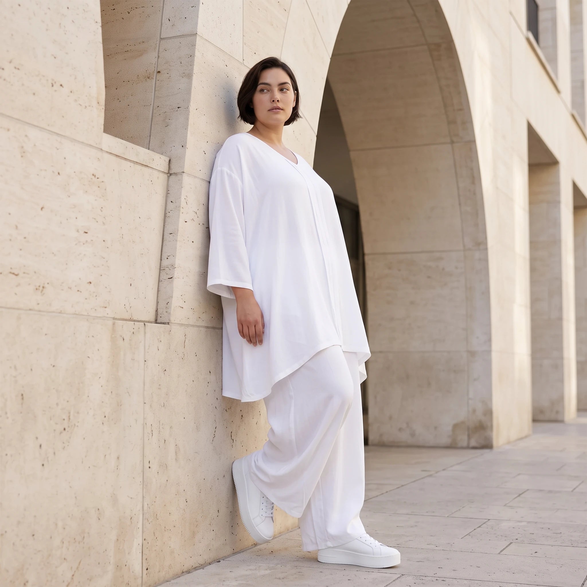 Zeitloses Weißes Leinenlook Shirt in A-Linie leger Oversize Lagenlook federleicht luftig
