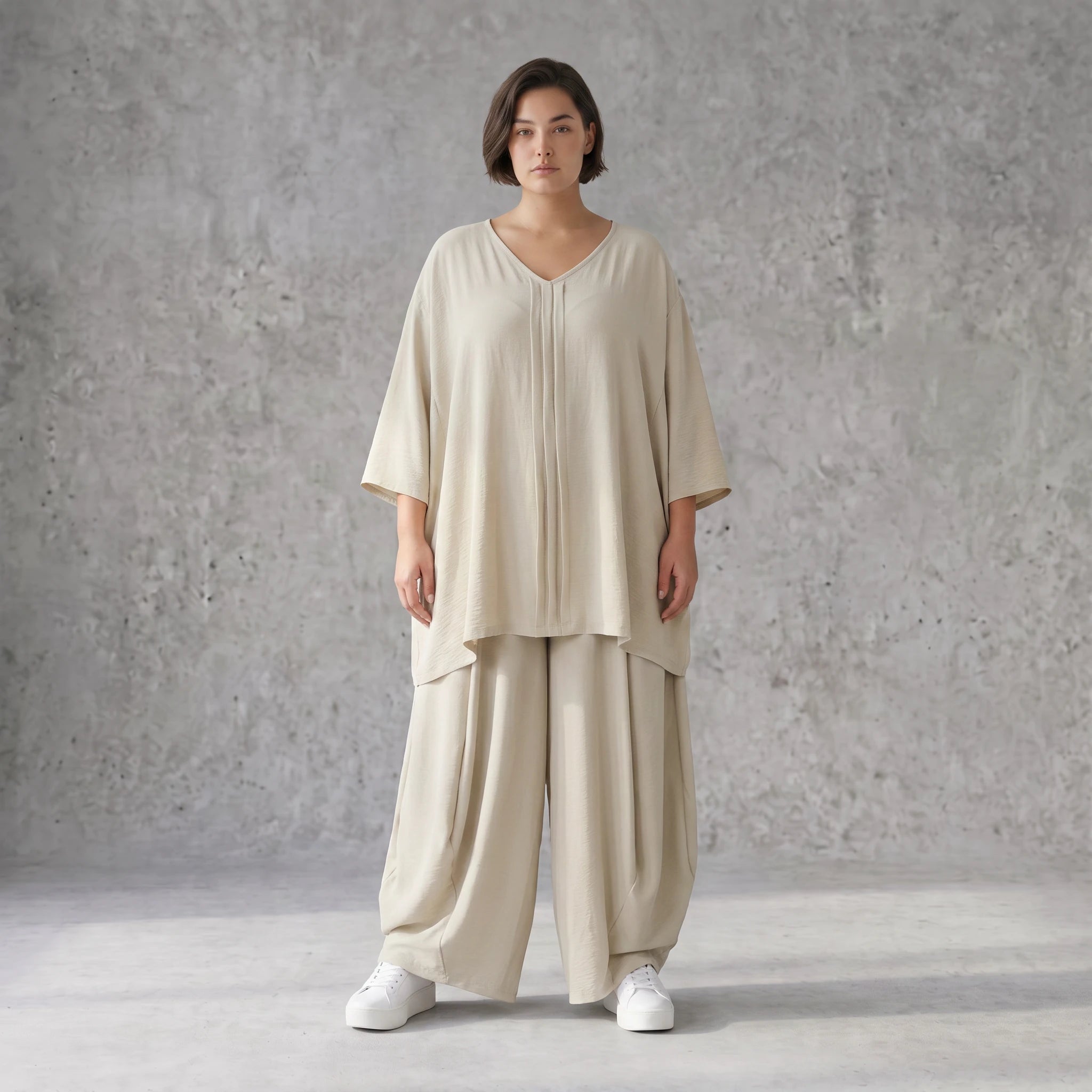Beige Leinenlook Shirt im legeren Lagenlook Oversize A-Linie zeitlos elegant fliessend