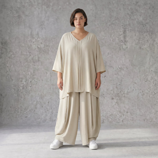 Beige Leinenlook Shirt im legeren Lagenlook Oversize A-Linie zeitlos elegant fliessend
