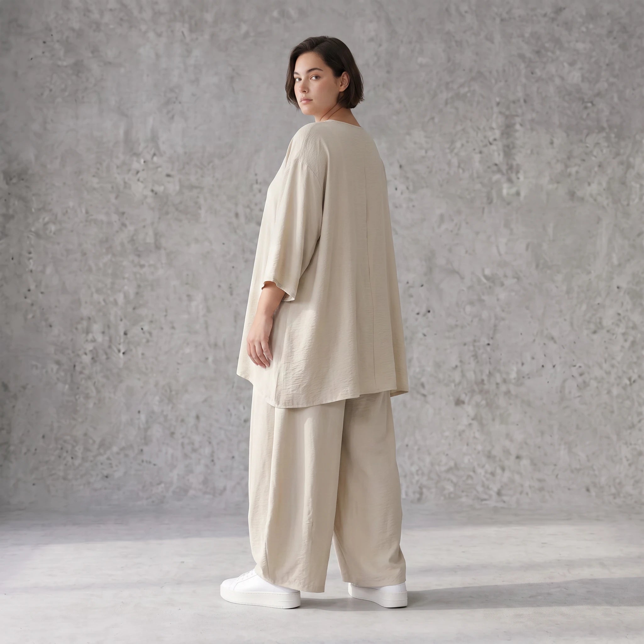 Beige Leinenlook Shirt im legeren Lagenlook Oversize A-Linie zeitlos elegant fliessend