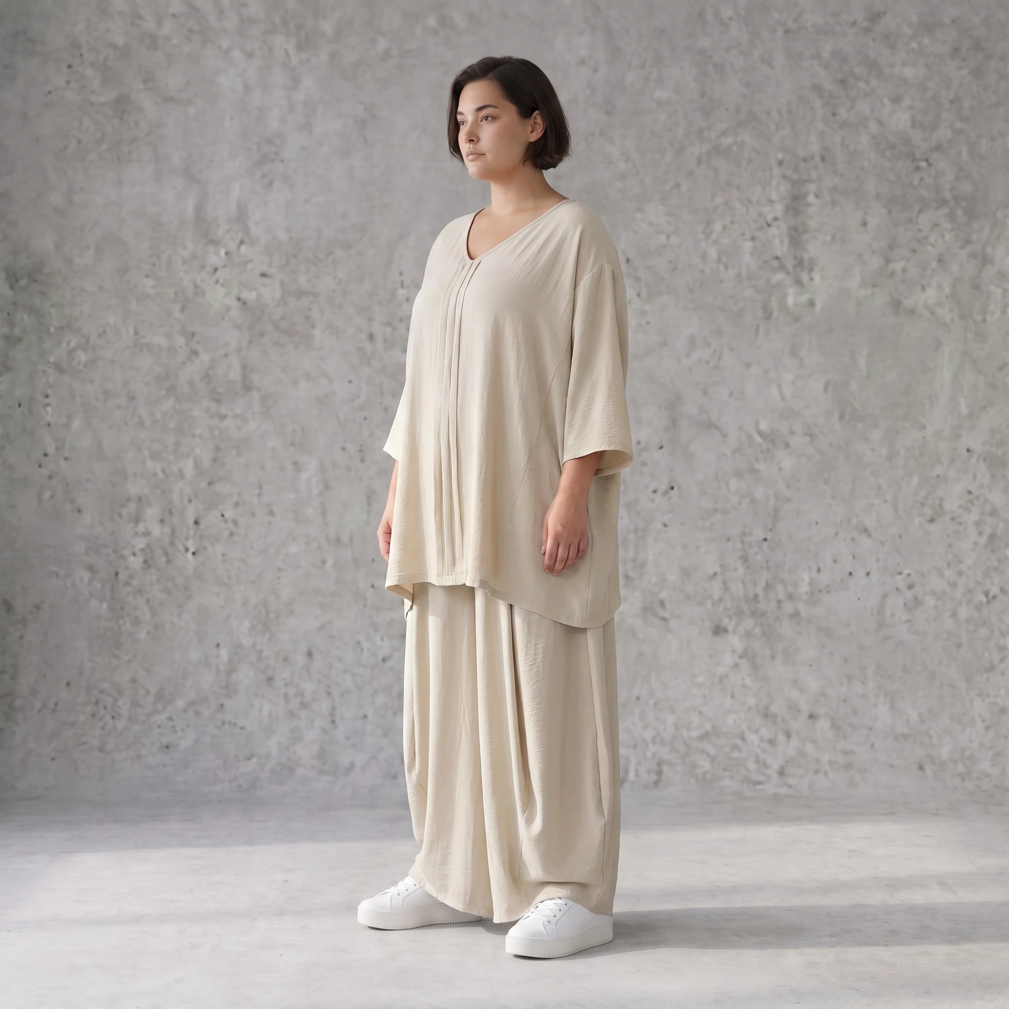 Beige Leinenlook Shirt im legeren Lagenlook Oversize A-Linie zeitlos elegant fliessend