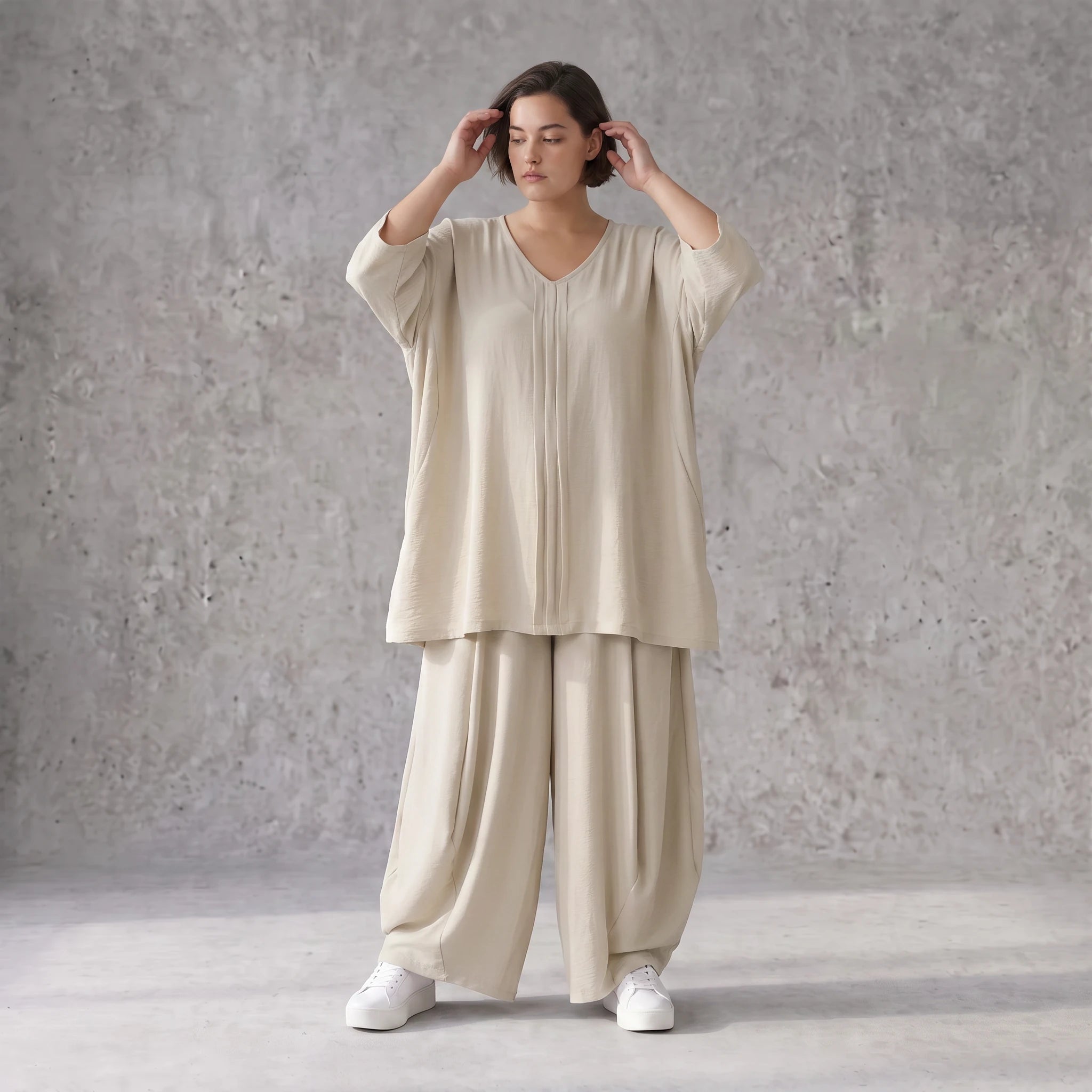 Beige Leinenlook Shirt im legeren Lagenlook Oversize A-Linie zeitlos elegant fliessend