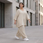 Beige Leinenlook Shirt im legeren Lagenlook Oversize A-Linie zeitlos elegant fliessend
