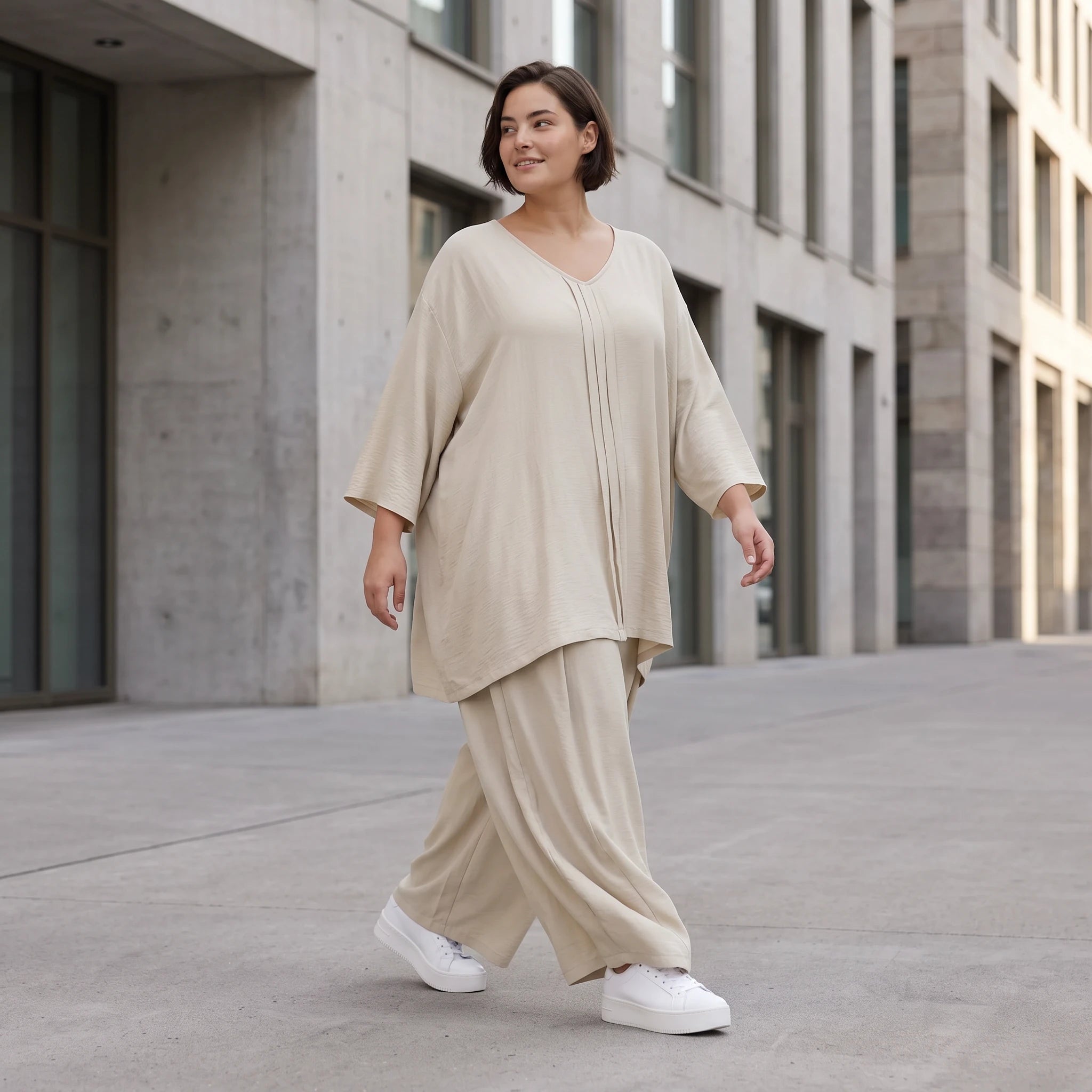 Beige Leinenlook Shirt im legeren Lagenlook Oversize A-Linie zeitlos elegant fliessend