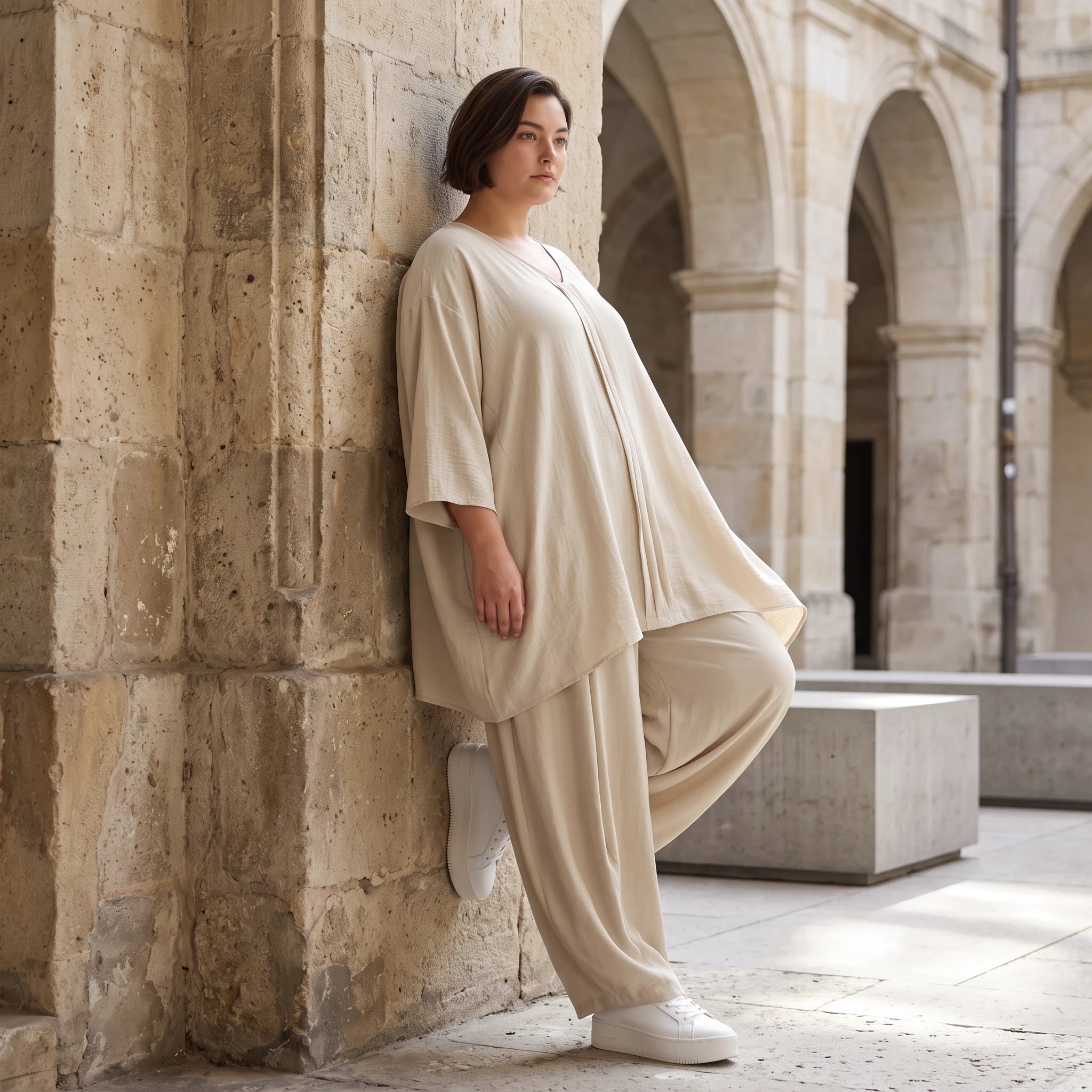 Beige Leinenlook Shirt im legeren Lagenlook Oversize A-Linie zeitlos elegant fliessend