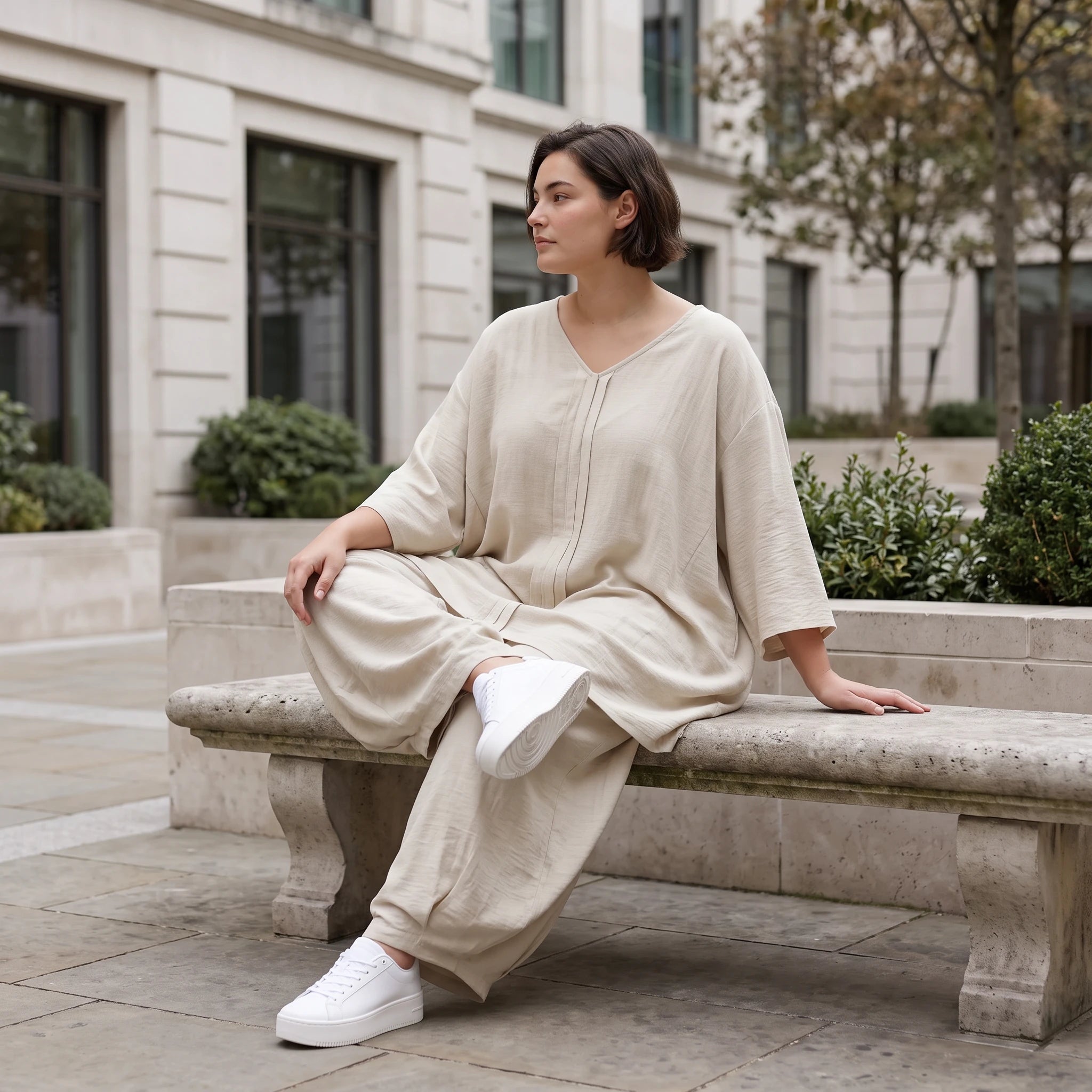Beige Leinenlook Shirt im legeren Lagenlook Oversize A-Linie zeitlos elegant fliessend