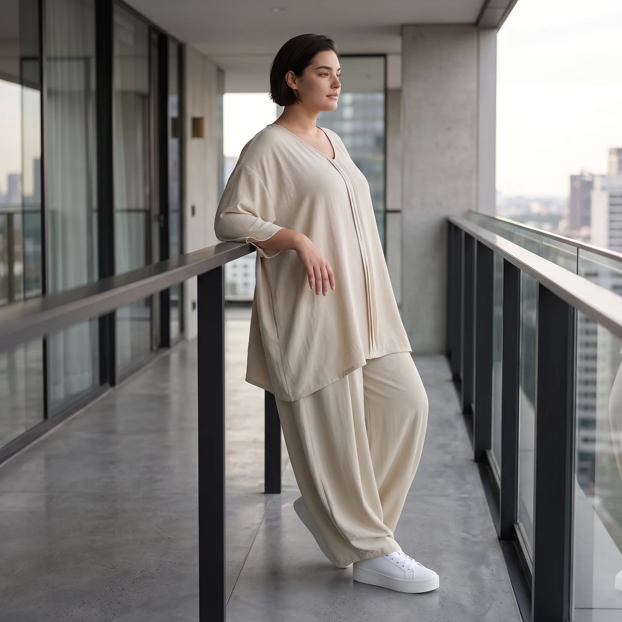 Beige Leinenlook Shirt im legeren Lagenlook Oversize A-Linie zeitlos elegant fliessend