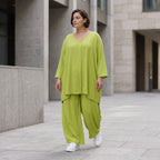 Apfelgrün fliessend Oversize Shirt in Leinenoptik mit A-Linie leger zeitlos Vformdetail