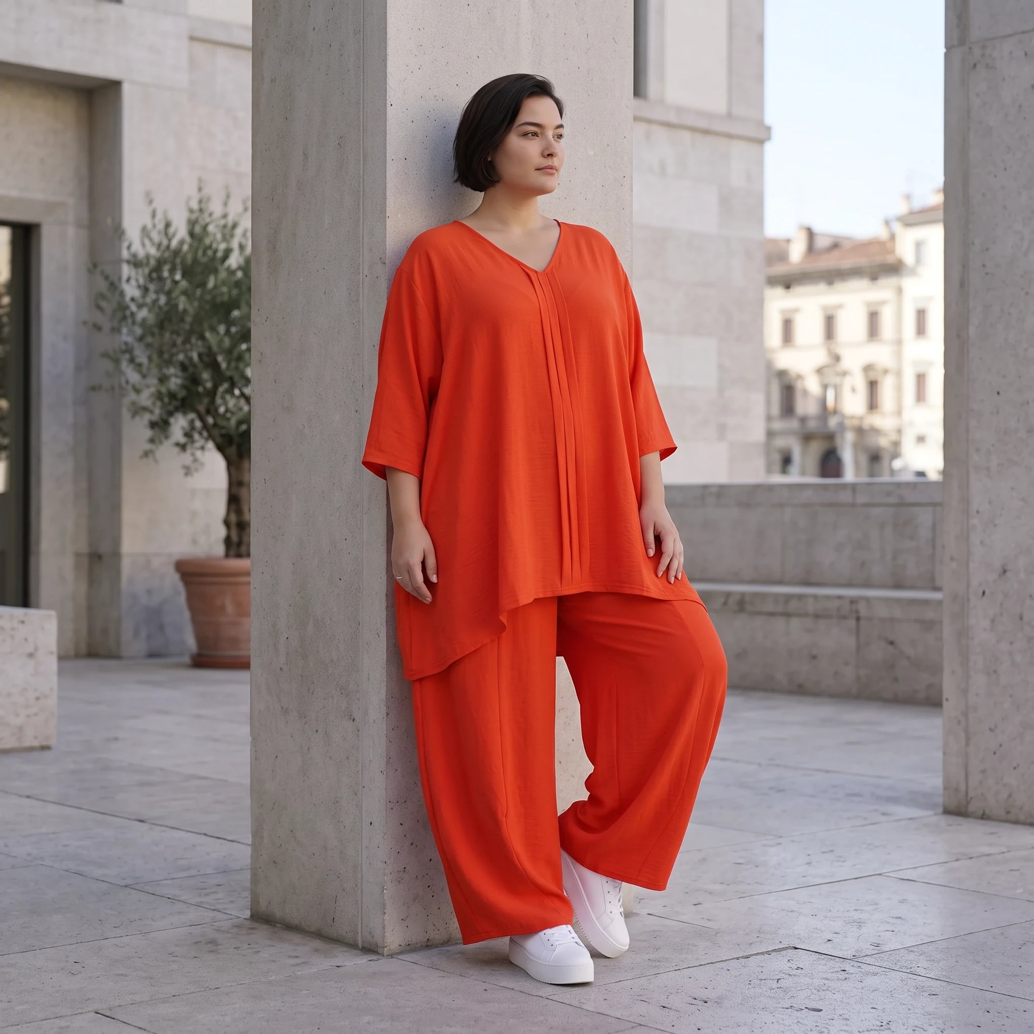 Leichtes Hellrot sehr Leinenlook Shirt in A-Linie fuer legeren Lagenlook zeitlos Oversize