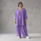 Flieder Leinenlook Shirt im Lagenlook Oversize leger mit V-Ausschnitt und Biesen zeitlos