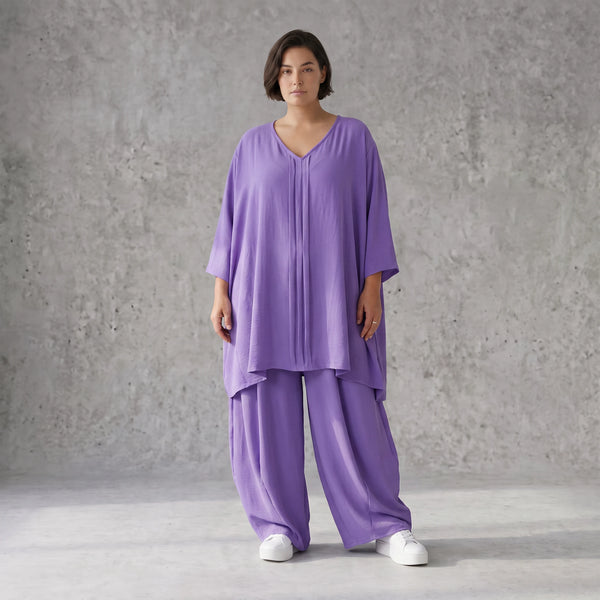 Flieder Leinenlook Shirt im Lagenlook Oversize leger mit V-Ausschnitt und Biesen zeitlos